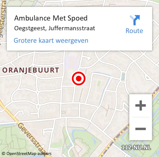 Locatie op kaart van de 112 melding: Ambulance Met Spoed Naar Oegstgeest, Juffermansstraat op 15 mei 2024 00:46