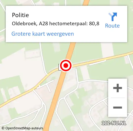 Locatie op kaart van de 112 melding: Politie Oldebroek, A28 hectometerpaal: 80,8 op 15 mei 2024 04:39