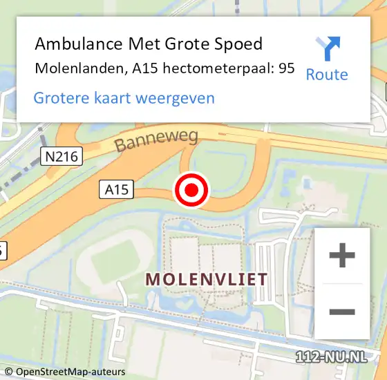 Locatie op kaart van de 112 melding: Ambulance Met Grote Spoed Naar Molenlanden, A15 hectometerpaal: 95 op 15 mei 2024 07:19