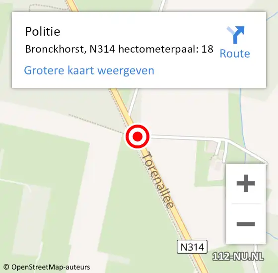 Locatie op kaart van de 112 melding: Politie Bronckhorst, N314 hectometerpaal: 18 op 15 mei 2024 07:49