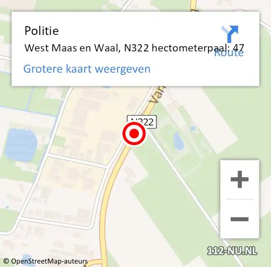 Locatie op kaart van de 112 melding: Politie West Maas en Waal, N322 hectometerpaal: 47 op 15 mei 2024 07:55