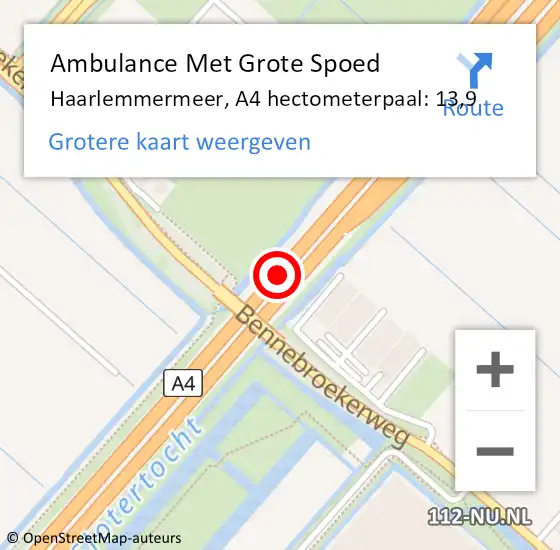 Locatie op kaart van de 112 melding: Ambulance Met Grote Spoed Naar Haarlemmermeer, A4 hectometerpaal: 13,9 op 15 mei 2024 08:12