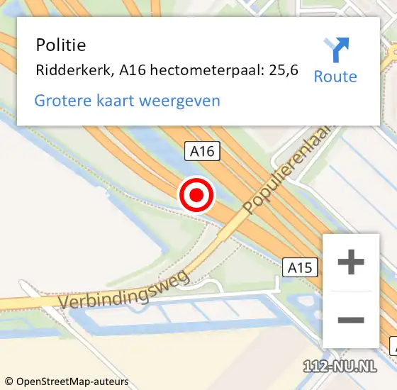 Locatie op kaart van de 112 melding: Politie Ridderkerk, A16 hectometerpaal: 25,6 op 15 mei 2024 08:30