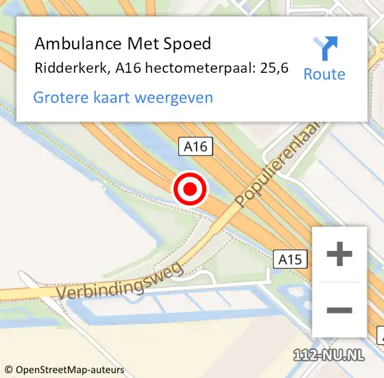 Locatie op kaart van de 112 melding: Ambulance Met Spoed Naar Ridderkerk, A16 hectometerpaal: 25,6 op 15 mei 2024 08:31
