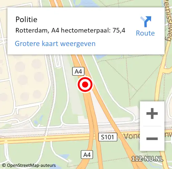 Locatie op kaart van de 112 melding: Politie Rotterdam, A4 hectometerpaal: 75,4 op 15 mei 2024 09:17