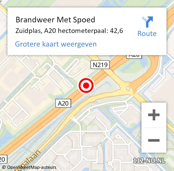 Locatie op kaart van de 112 melding: Brandweer Met Spoed Naar Zuidplas, A20 hectometerpaal: 42,6 op 15 mei 2024 09:18