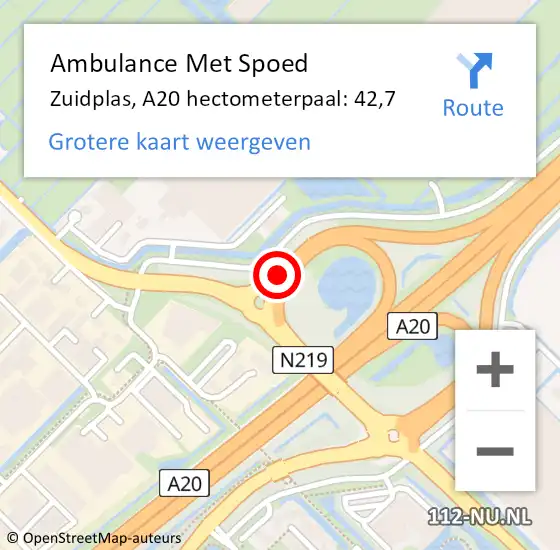 Locatie op kaart van de 112 melding: Ambulance Met Spoed Naar Zuidplas, A20 hectometerpaal: 42,7 op 15 mei 2024 09:37