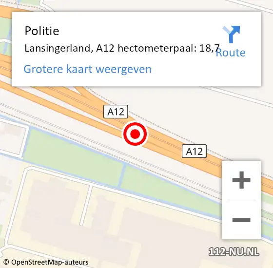 Locatie op kaart van de 112 melding: Politie Lansingerland, A12 hectometerpaal: 18,7 op 15 mei 2024 09:51