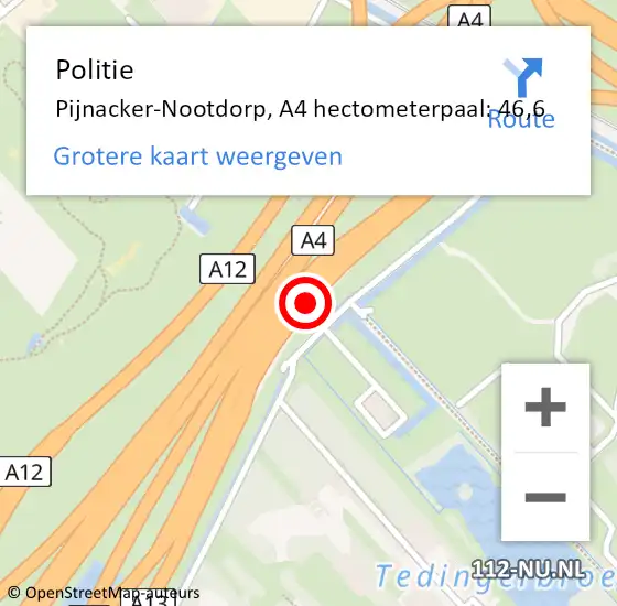 Locatie op kaart van de 112 melding: Politie Pijnacker-Nootdorp, A4 hectometerpaal: 46,6 op 15 mei 2024 10:39