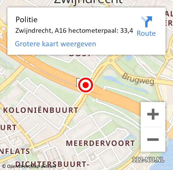 Locatie op kaart van de 112 melding: Politie Zwijndrecht, A16 hectometerpaal: 33,4 op 15 mei 2024 10:49