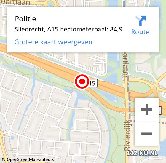 Locatie op kaart van de 112 melding: Politie Sliedrecht, A15 hectometerpaal: 84,9 op 15 mei 2024 11:47