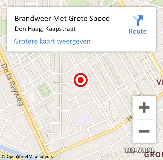 Locatie op kaart van de 112 melding: Brandweer Met Grote Spoed Naar Den Haag, Kaapstraat op 15 mei 2024 12:32