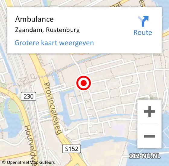 Locatie op kaart van de 112 melding: Ambulance Zaandam, Rustenburg op 15 mei 2024 12:42