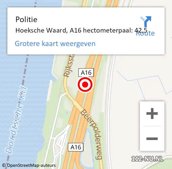 Locatie op kaart van de 112 melding: Politie Hoeksche Waard, A16 hectometerpaal: 42,5 op 15 mei 2024 13:11