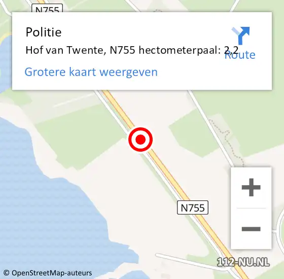 Locatie op kaart van de 112 melding: Politie Hof van Twente, N755 hectometerpaal: 2,2 op 15 mei 2024 13:19