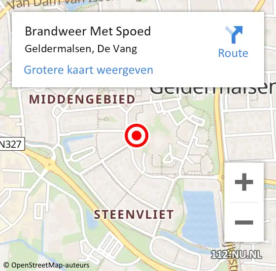 Locatie op kaart van de 112 melding: Brandweer Met Spoed Naar Geldermalsen, De Vang op 15 mei 2024 13:25