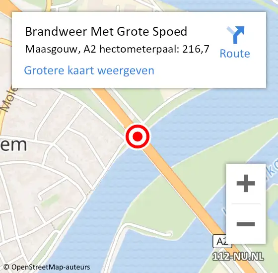 Locatie op kaart van de 112 melding: Brandweer Met Grote Spoed Naar Maasgouw, A2 hectometerpaal: 216,7 op 15 mei 2024 13:40