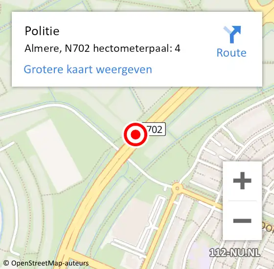 Locatie op kaart van de 112 melding: Politie Almere, N702 hectometerpaal: 4 op 15 mei 2024 14:21