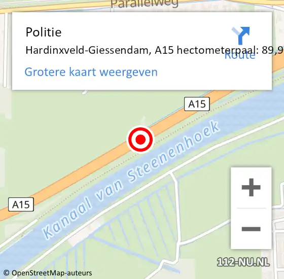 Locatie op kaart van de 112 melding: Politie Hardinxveld-Giessendam, A15 hectometerpaal: 89,9 op 15 mei 2024 14:39
