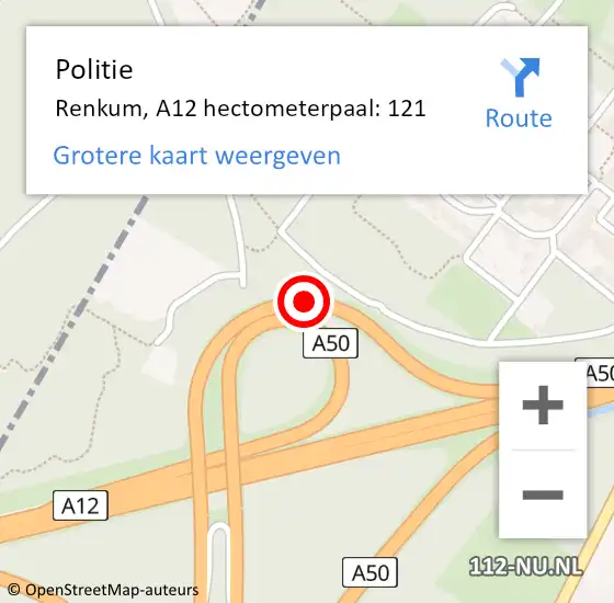 Locatie op kaart van de 112 melding: Politie Renkum, A12 hectometerpaal: 121 op 15 mei 2024 14:56