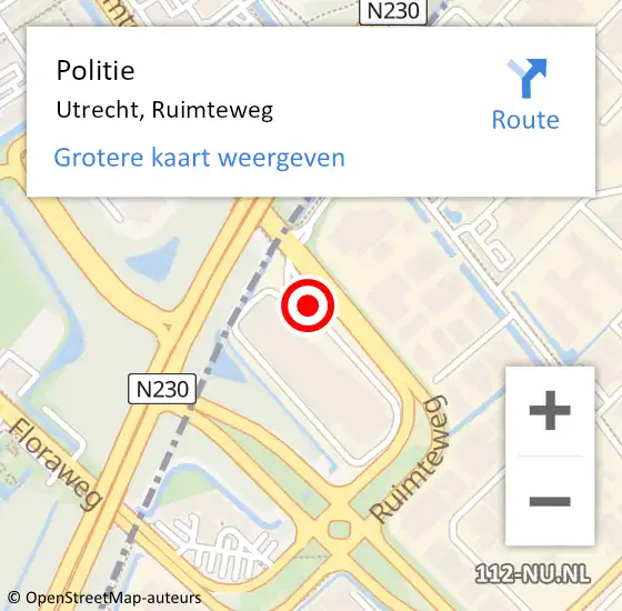 Locatie op kaart van de 112 melding: Politie Utrecht, Ruimteweg op 15 mei 2024 14:59