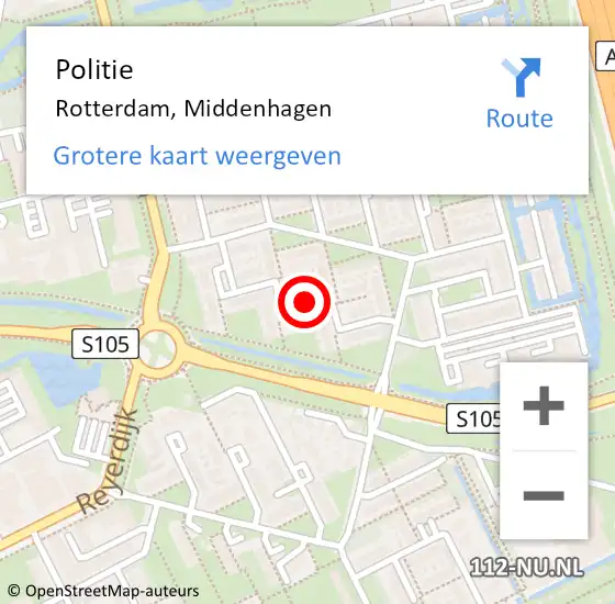 Locatie op kaart van de 112 melding: Politie Rotterdam, Middenhagen op 15 mei 2024 15:01