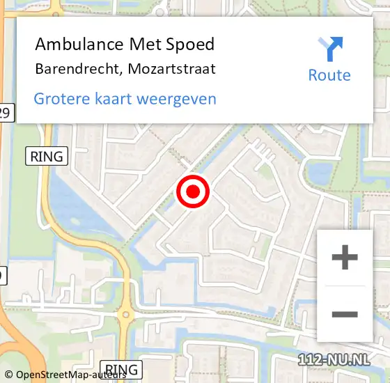 Locatie op kaart van de 112 melding: Ambulance Met Spoed Naar Barendrecht, Mozartstraat op 15 mei 2024 15:29