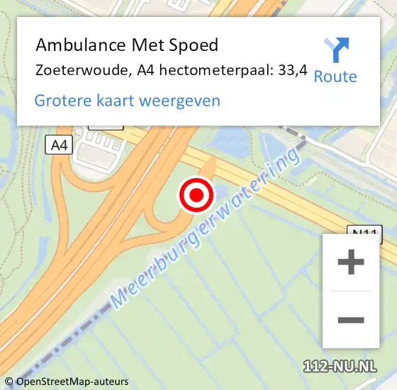 Locatie op kaart van de 112 melding: Ambulance Met Spoed Naar Zoeterwoude, A4 hectometerpaal: 33,4 op 15 mei 2024 16:26
