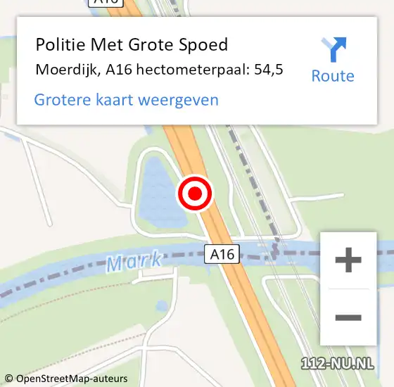 Locatie op kaart van de 112 melding: Politie Met Grote Spoed Naar Moerdijk, A16 hectometerpaal: 54,5 op 15 mei 2024 16:46