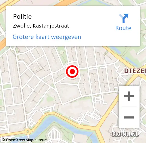 Locatie op kaart van de 112 melding: Politie Zwolle, Kastanjestraat op 15 mei 2024 16:58