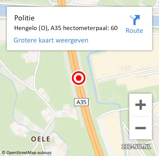 Locatie op kaart van de 112 melding: Politie Hengelo (O), A35 hectometerpaal: 60 op 15 mei 2024 16:59