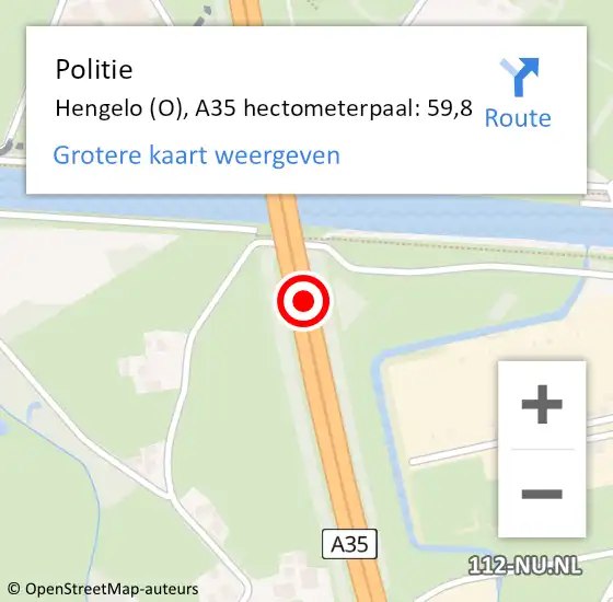 Locatie op kaart van de 112 melding: Politie Hengelo (O), A35 hectometerpaal: 59,8 op 15 mei 2024 17:02