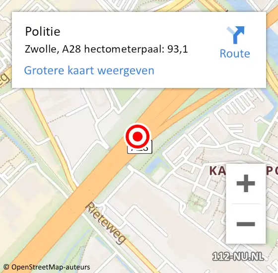 Locatie op kaart van de 112 melding: Politie Zwolle, A28 hectometerpaal: 93,1 op 15 mei 2024 17:17
