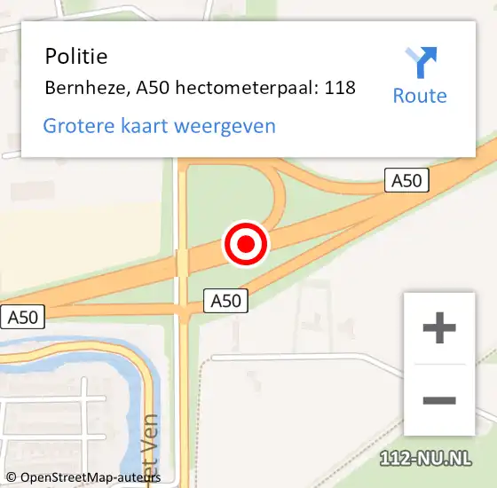 Locatie op kaart van de 112 melding: Politie Bernheze, A50 hectometerpaal: 118 op 15 mei 2024 17:36