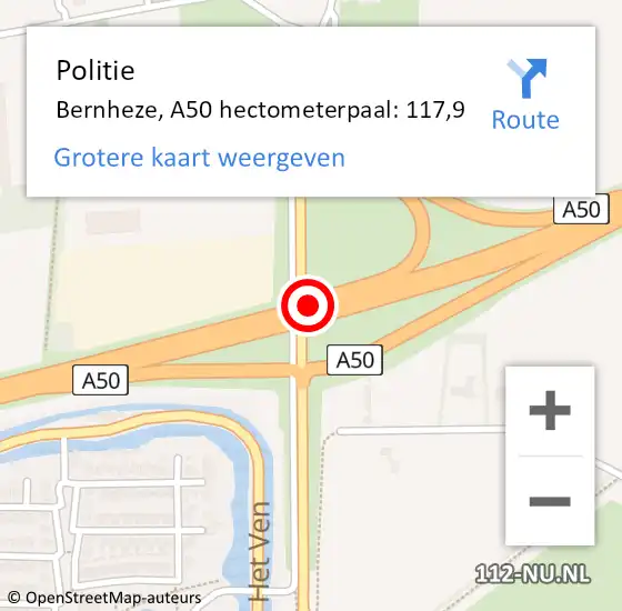 Locatie op kaart van de 112 melding: Politie Bernheze, A50 hectometerpaal: 117,9 op 15 mei 2024 17:43