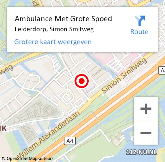 Locatie op kaart van de 112 melding: Ambulance Met Grote Spoed Naar Leiderdorp, Simon Smitweg op 15 mei 2024 17:46