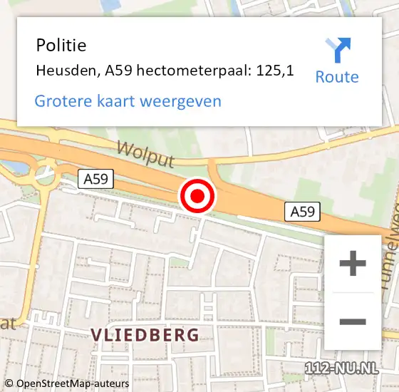 Locatie op kaart van de 112 melding: Politie Heusden, A59 hectometerpaal: 125,1 op 15 mei 2024 17:50