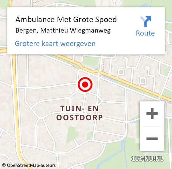 Locatie op kaart van de 112 melding: Ambulance Met Grote Spoed Naar Bergen, Matthieu Wiegmanweg op 15 mei 2024 17:50