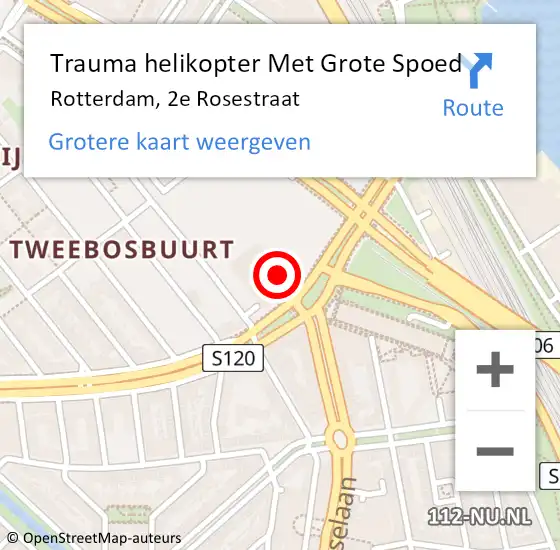 Locatie op kaart van de 112 melding: Trauma helikopter Met Grote Spoed Naar Rotterdam, 2e Rosestraat op 15 mei 2024 17:52
