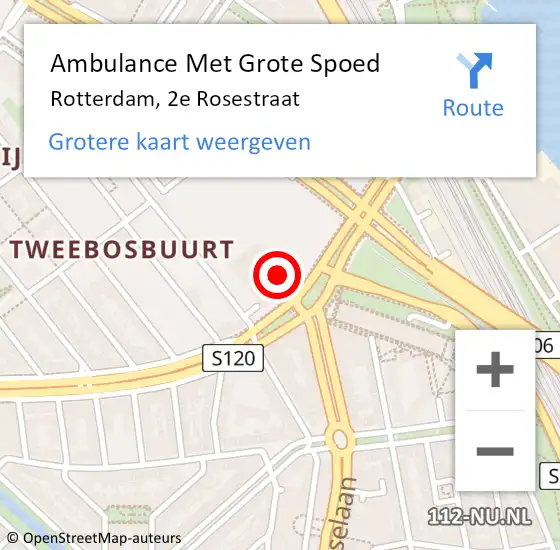 Locatie op kaart van de 112 melding: Ambulance Met Grote Spoed Naar Rotterdam, 2e Rosestraat op 15 mei 2024 17:53