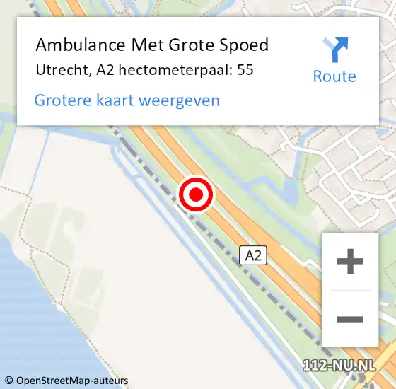 Locatie op kaart van de 112 melding: Ambulance Met Grote Spoed Naar Utrecht, A2 hectometerpaal: 55 op 15 mei 2024 17:58