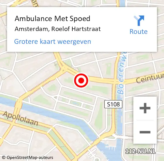 Locatie op kaart van de 112 melding: Ambulance Met Spoed Naar Amsterdam, Roelof Hartstraat op 15 mei 2024 18:12