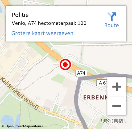 Locatie op kaart van de 112 melding: Politie Venlo, A74 hectometerpaal: 100 op 15 mei 2024 18:20