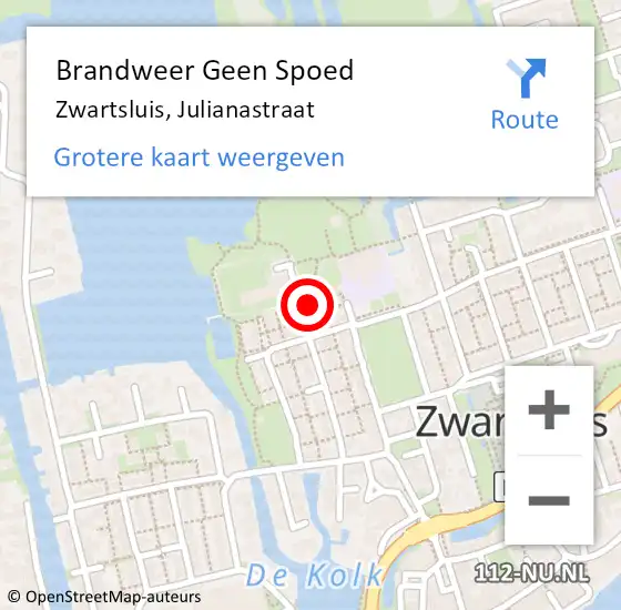 Locatie op kaart van de 112 melding: Brandweer Geen Spoed Naar Zwartsluis, Julianastraat op 15 mei 2024 18:36