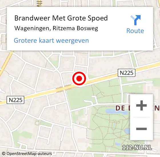 Locatie op kaart van de 112 melding: Brandweer Met Grote Spoed Naar Wageningen, Ritzema Bosweg op 15 mei 2024 19:18