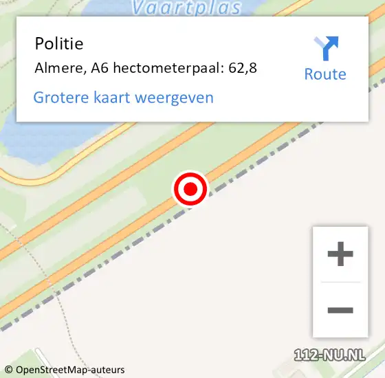 Locatie op kaart van de 112 melding: Politie Almere, A6 hectometerpaal: 62,8 op 15 mei 2024 19:29