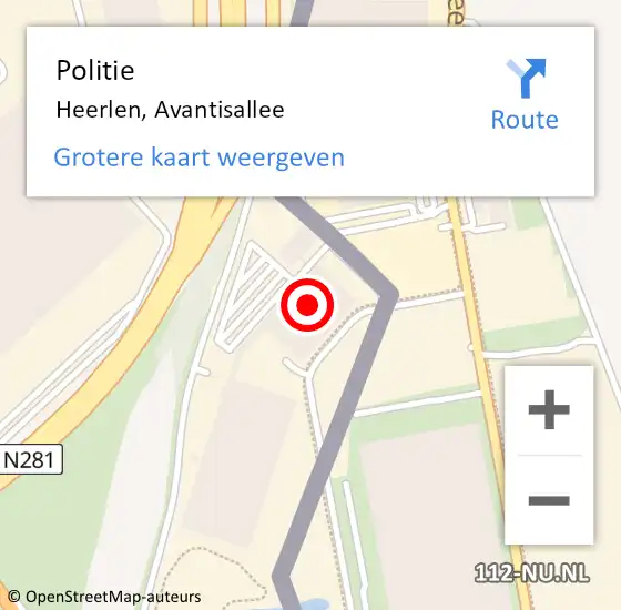 Locatie op kaart van de 112 melding: Politie Heerlen, Avantisallee op 15 mei 2024 19:35