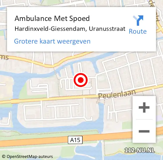 Locatie op kaart van de 112 melding: Ambulance Met Spoed Naar Hardinxveld-Giessendam, Uranusstraat op 15 mei 2024 20:17