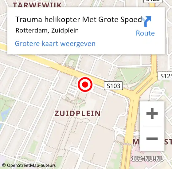 Locatie op kaart van de 112 melding: Trauma helikopter Met Grote Spoed Naar Rotterdam, Zuidplein op 15 mei 2024 21:34