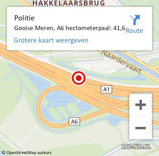 Locatie op kaart van de 112 melding: Politie Gooise Meren, A6 hectometerpaal: 41,6 op 15 mei 2024 22:28
